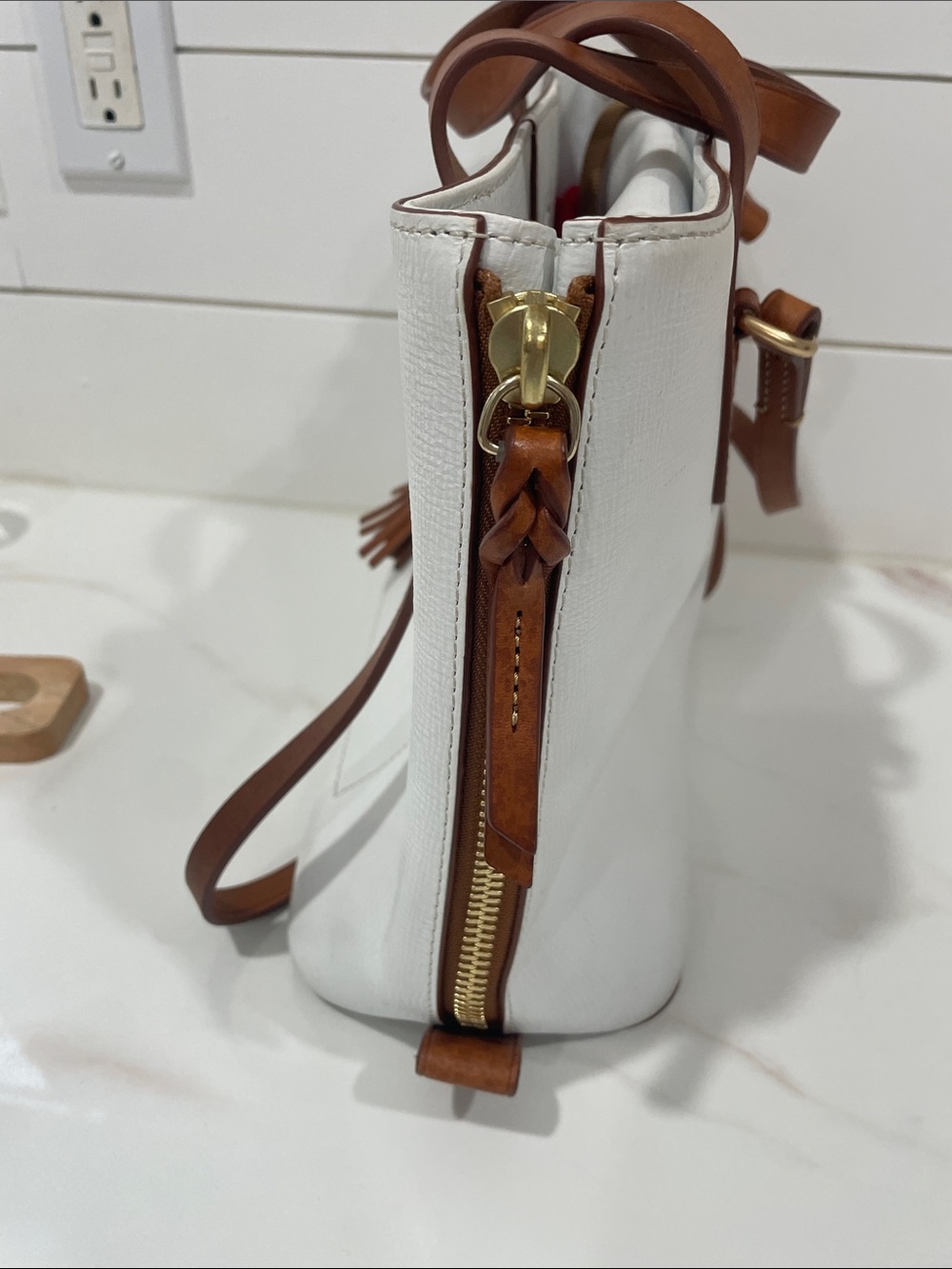 Dooney & Bourke White Shoulder Tote with Brown Trim - Picture 5 of 10